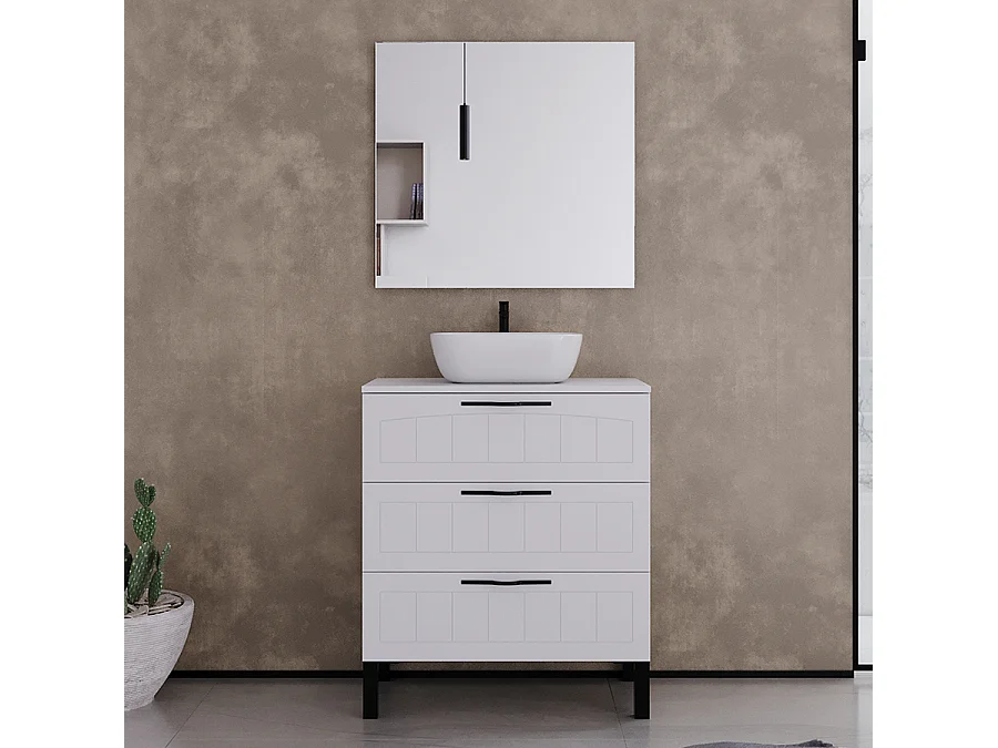 Meuble de salle de bain 60cm avec plateau et vasque à poser ovale - 3 tiroirs - blanc - CALA