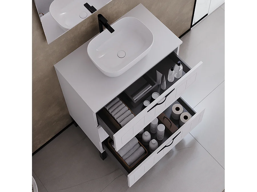 Meuble de salle de bain 60cm avec plateau et vasque à poser ovale - 3 tiroirs - blanc - CALA