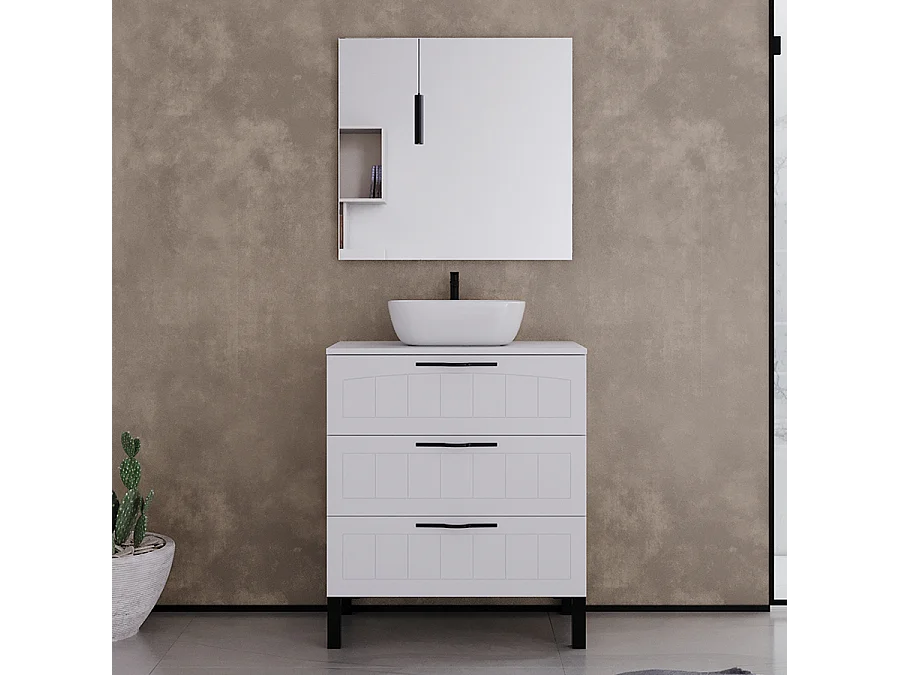 Meuble de salle de bain 60cm avec plateau et vasque à poser ovale - 3 tiroirs - blanc - CALA