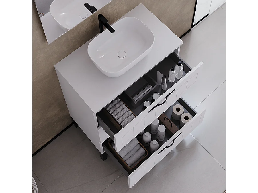 Meuble de salle de bain 60cm avec plateau et vasque à poser ovale - 3 tiroirs - blanc - CALA