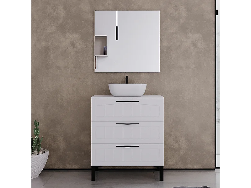 Meuble de salle de bain 60cm avec plateau et vasque à poser ovale - 3 tiroirs - blanc - CALA