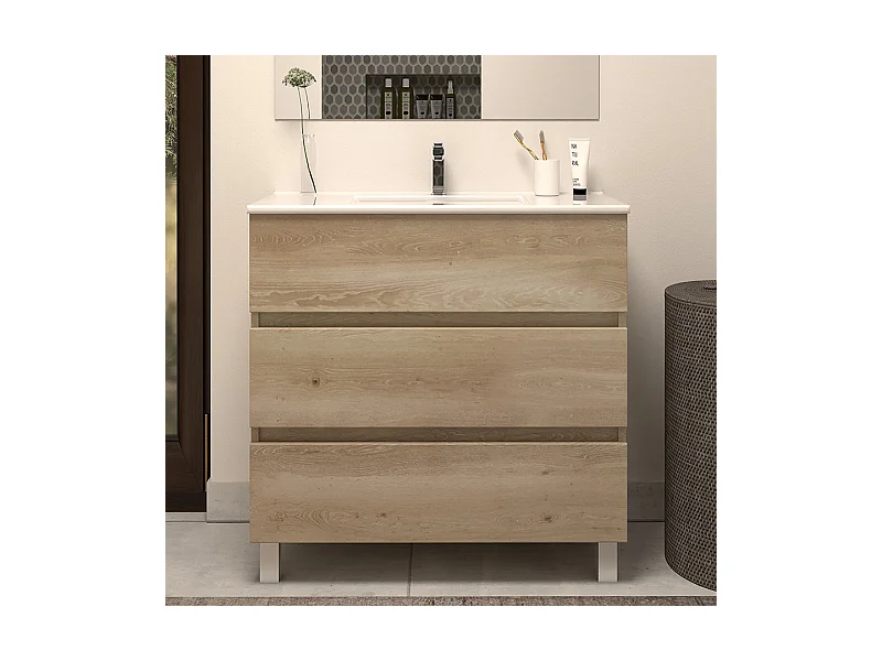 Meuble de salle de bain 60cm simple vasque - sans miroir - 3 tiroirs - nebraska (bois clair) - MAYOR
