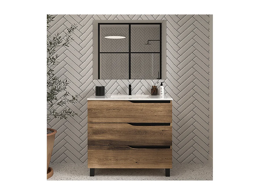 Meuble de salle de bain 70cm simple vasque - 3 tiroirs - tabaco (bois foncé) - MATA