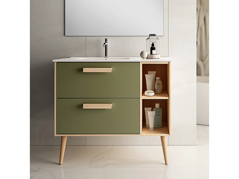 Meuble de salle de bain vasque déportée - 2 tiroirs - sans miroir - MALIA - vert olive - 80cm