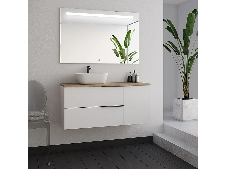 Meuble de salle de bain 100cm avec vasque à poser arrondie - blanc - KING et un miroir Led STAM