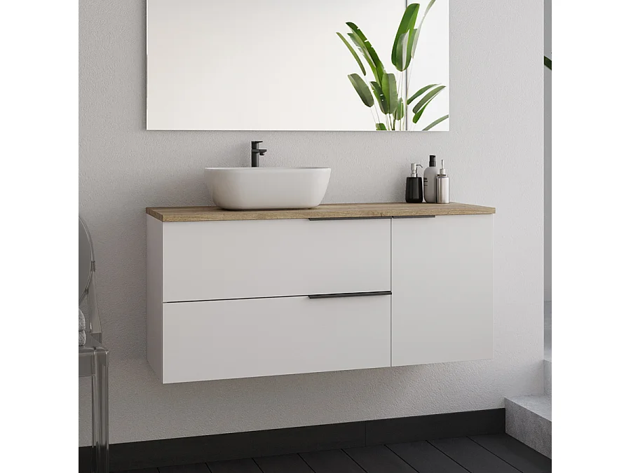 Meuble de salle de bain 100cm avec vasque à poser arrondie - blanc - KING et un miroir Led STAM