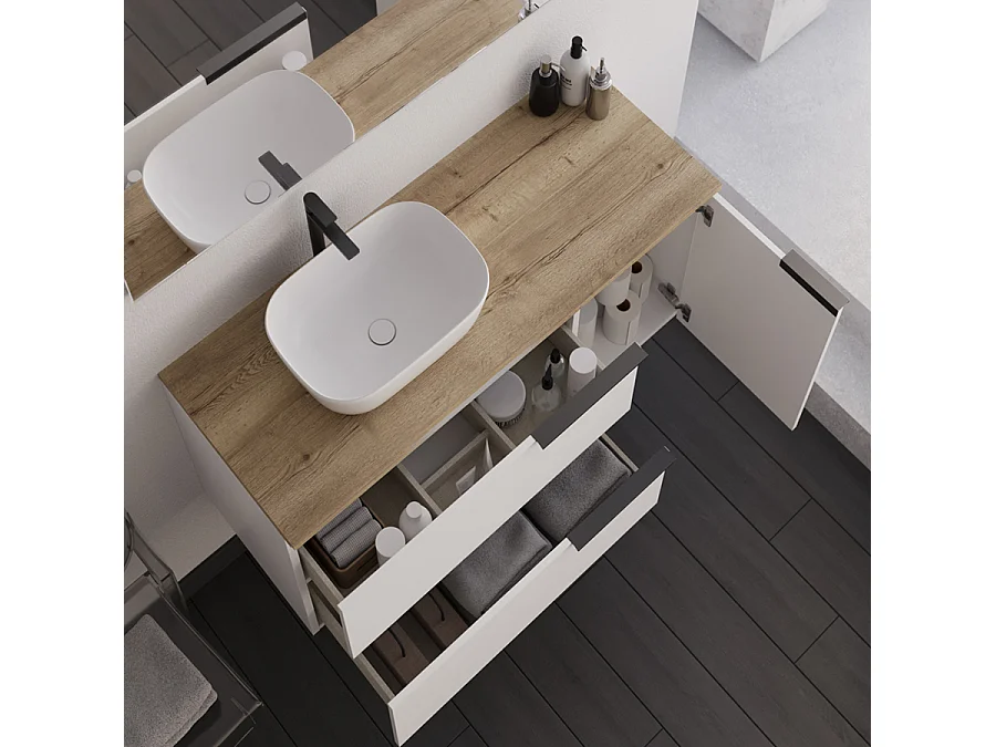 Meuble de salle de bain 100cm avec vasque à poser arrondie - blanc - KING et un miroir Led STAM