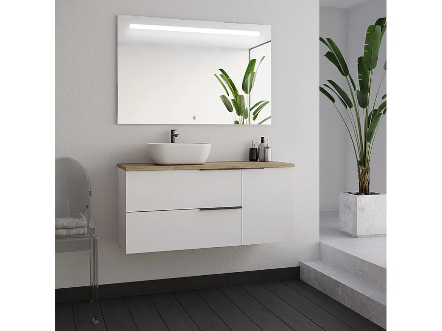Meuble de salle de bain 100cm avec vasque à poser arrondie - blanc - KING et un miroir Led STAM