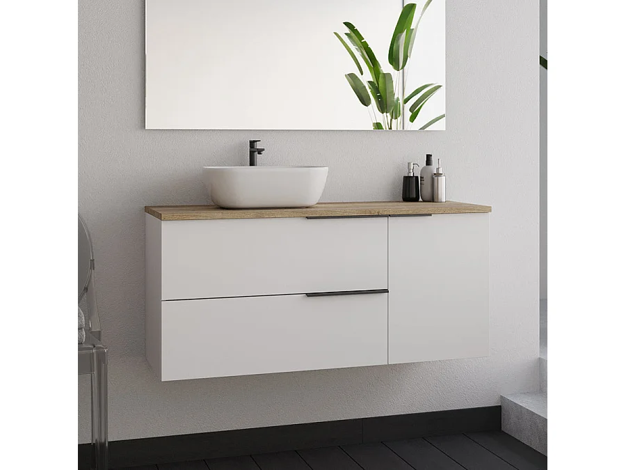 Meuble de salle de bain 100cm avec vasque à poser arrondie - blanc - KING et un miroir Led STAM