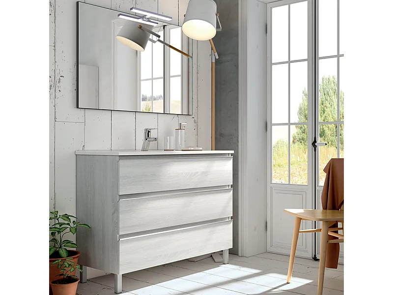 Meuble de salle de bain 60cm simple vasque - 3 tiroirs - PALMA - hibernian (bois blanchi)