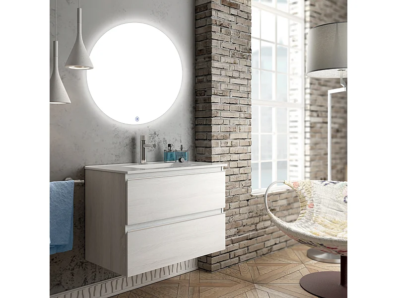 Meuble de salle de bain simple vasque - 2 tiroirs - BALEA et miroir rond Led SOLEN - hibernian (bois blanchi) - 70cm