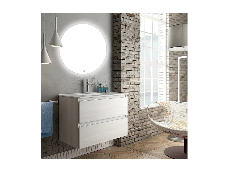 Meuble de salle de bain simple vasque - 2 tiroirs - BALEA et miroir rond Led SOLEN - hibernian (bois blanchi) - 70cm