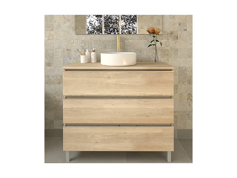 Meuble de salle de bain sans miroir avec vasque à poser ronde PALMA - Bambou (chêne clair) - 80cm