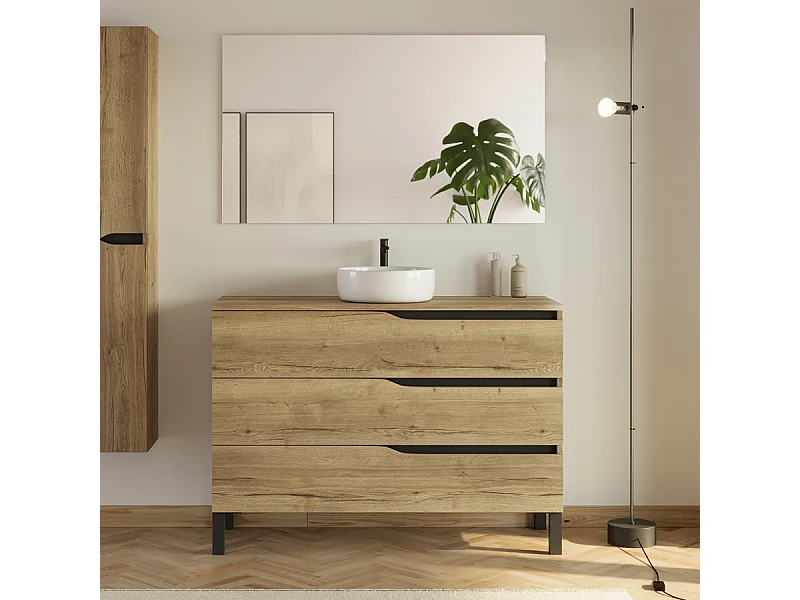 Meuble de salle de bain 120 avec plateau et vasque à poser - 3 tiroirs - madera miel (bois clair) - MATA