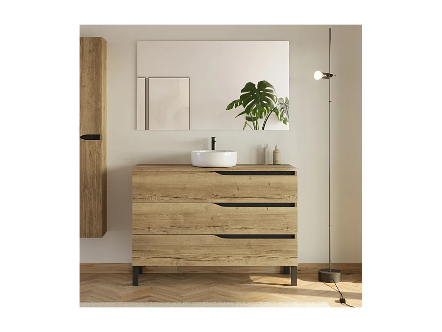 Meuble de salle de bain 120 avec plateau et vasque à poser - 3 tiroirs - madera miel (bois clair) - MATA