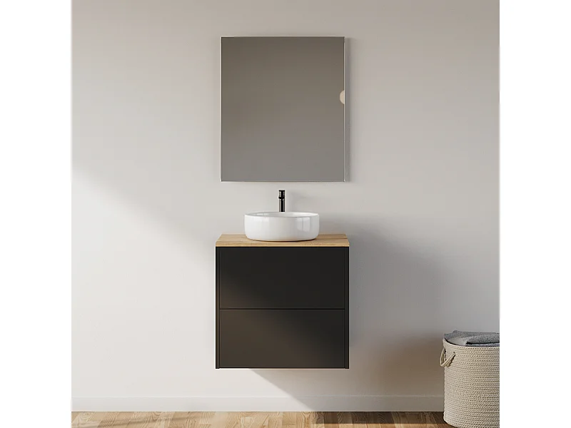 Meuble de salle de bain 60cm avec vasque à poser ronde - 2 tiroirs - noir - MONA