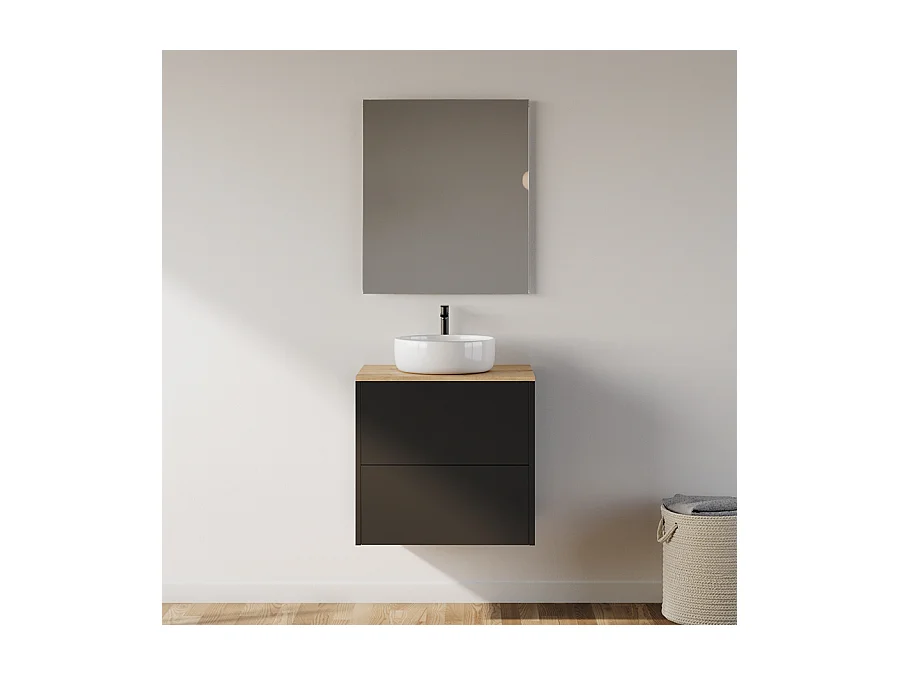 Meuble de salle de bain 60cm avec vasque à poser ronde - 2 tiroirs - noir - MONA