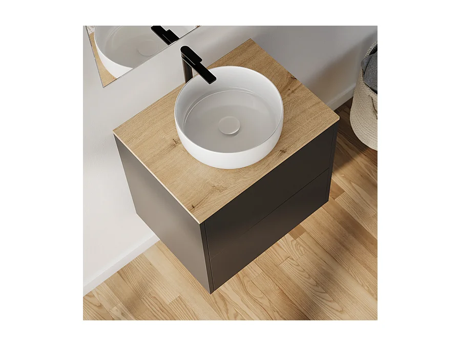 Meuble de salle de bain 60cm avec vasque à poser ronde - 2 tiroirs - noir - MONA