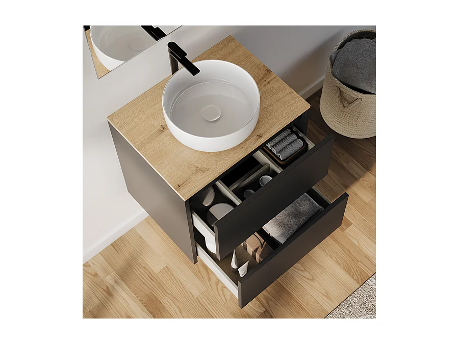 Meuble de salle de bain 60cm avec vasque à poser ronde - 2 tiroirs - noir - MONA