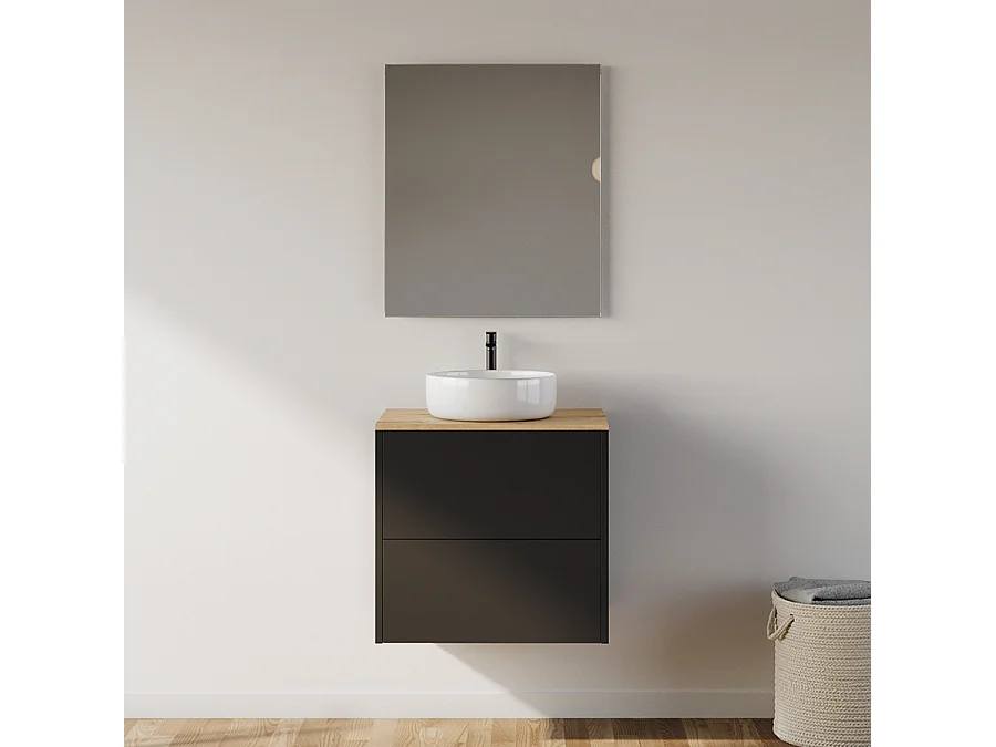Meuble de salle de bain 60cm avec vasque à poser ronde - 2 tiroirs - noir - MONA