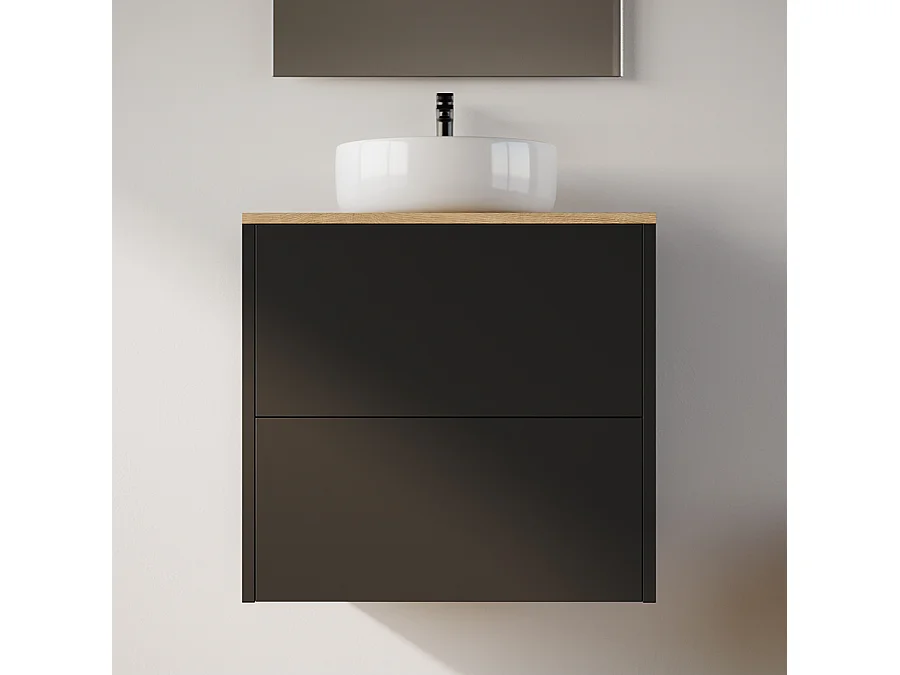 Meuble de salle de bain 60cm avec vasque à poser ronde - 2 tiroirs - noir - MONA