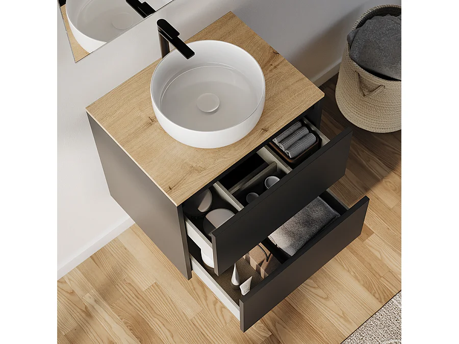 Meuble de salle de bain 60cm avec vasque à poser ronde - 2 tiroirs - noir - MONA