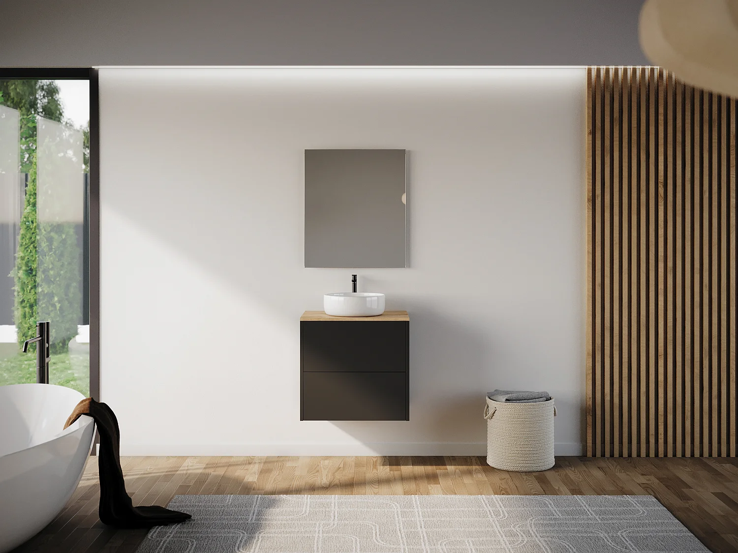 Meuble de salle de bain 60cm avec vasque à poser ronde - 2 tiroirs - noir - MONA