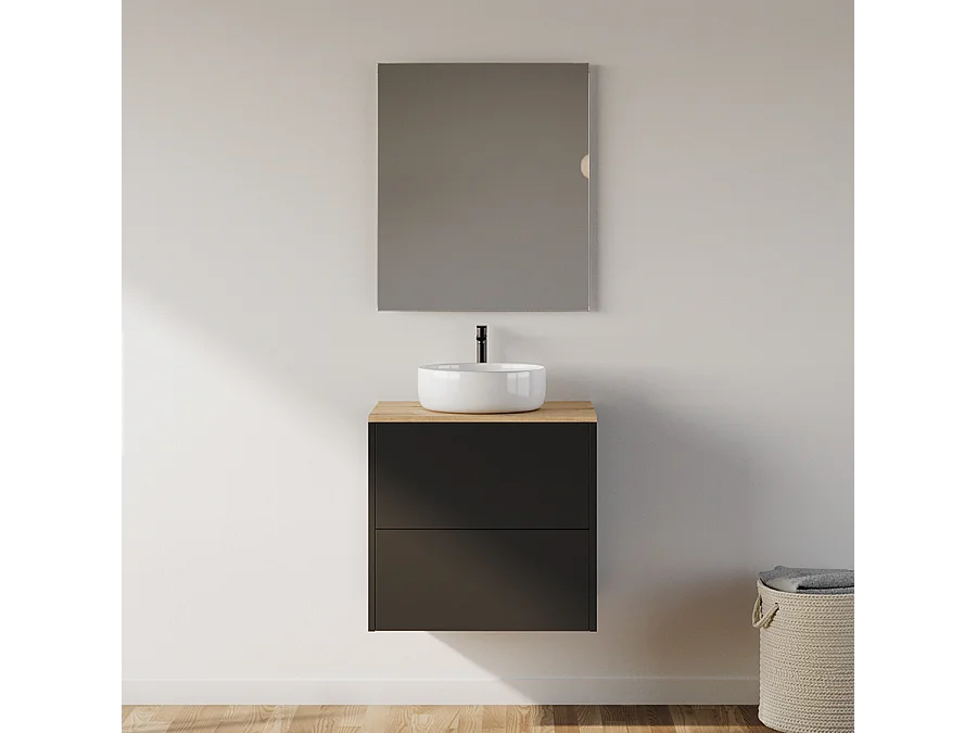 Meuble de salle de bain 60cm avec vasque à poser ronde - 2 tiroirs - noir - MONA
