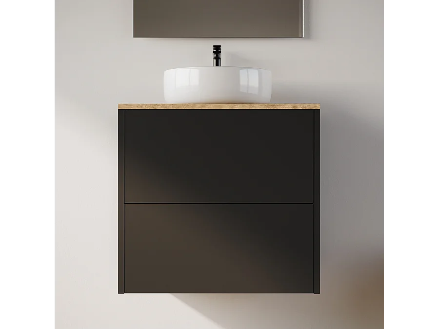Meuble de salle de bain 60cm avec vasque à poser ronde - 2 tiroirs - noir - MONA