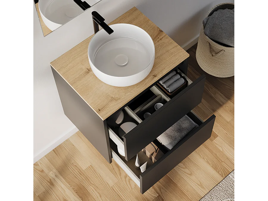 Meuble de salle de bain 60cm avec vasque à poser ronde - 2 tiroirs - noir - MONA