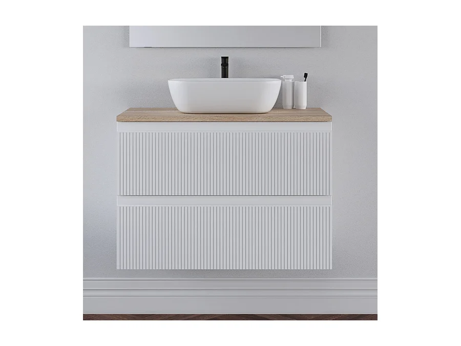 Meuble de salle de bain 80cm avec plateau et vasque à poser arrondie - sans miroir - 2 tiroirs - cambrian (chêne clair) - RIBERA