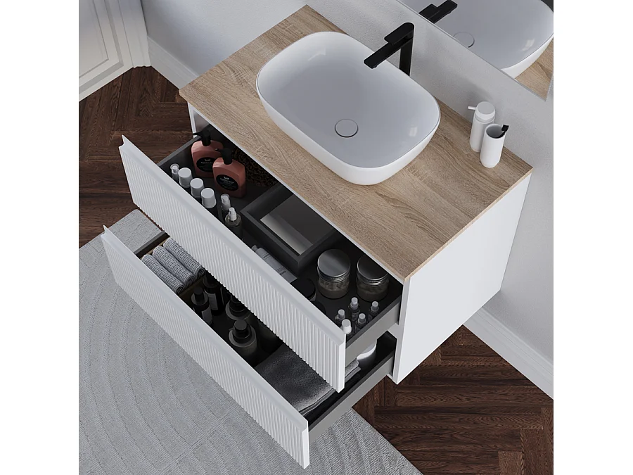 Meuble de salle de bain 80cm avec plateau et vasque à poser arrondie - sans miroir - 2 tiroirs - cambrian (chêne clair) - RIBERA