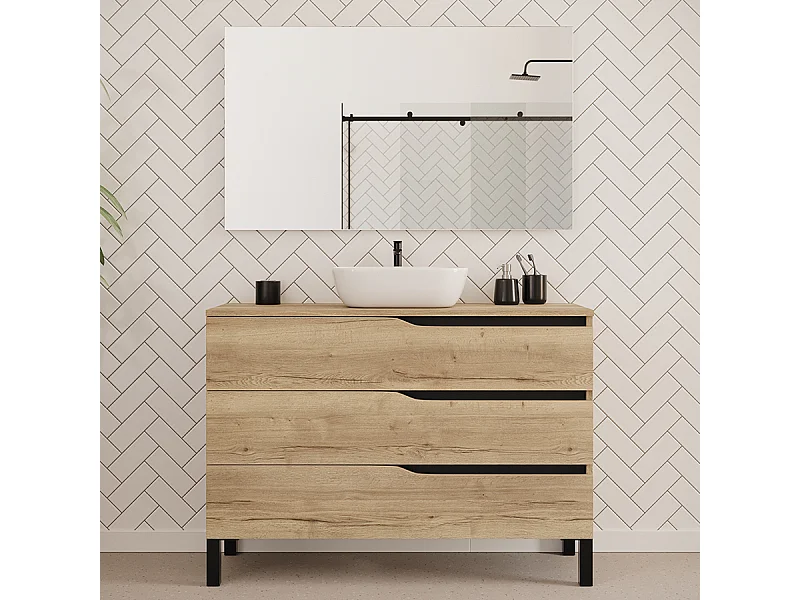 Meuble de salle de bain 120cm avec plateau et vasque à poser zeus - 3 tiroirs - madera miel (chêne clair) - MATA