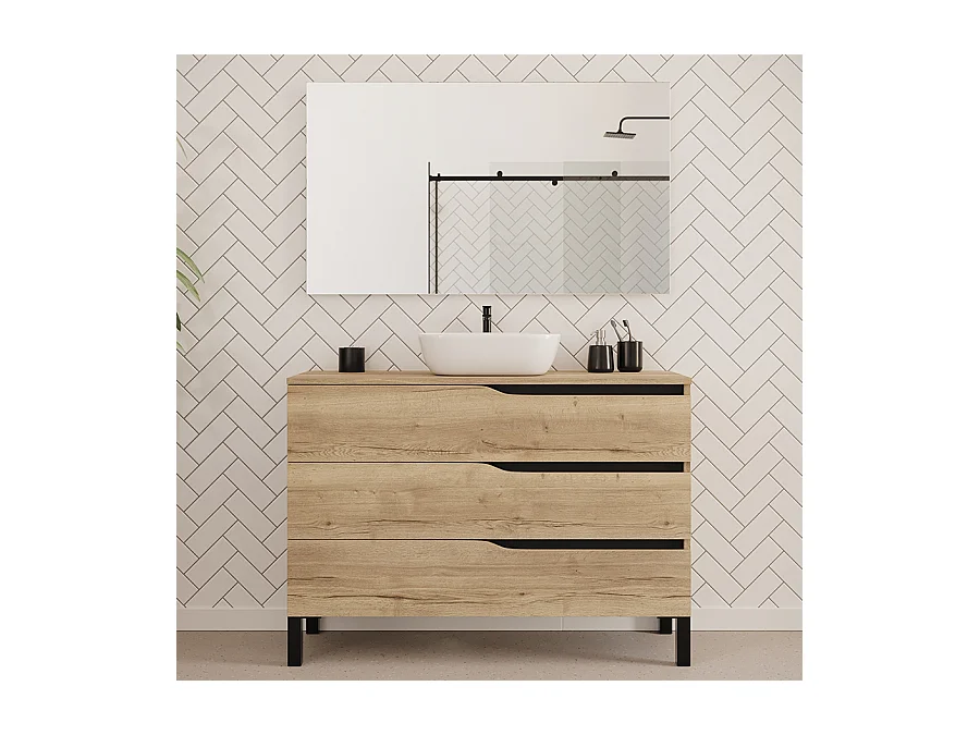 Meuble de salle de bain 120cm avec plateau et vasque à poser zeus - 3 tiroirs - madera miel (chêne clair) - MATA