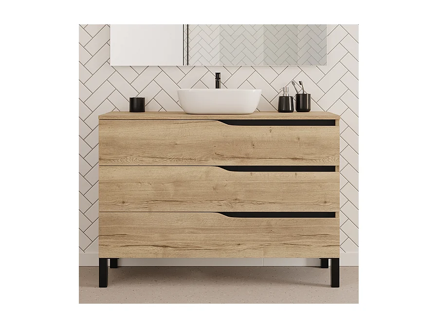 Meuble de salle de bain 120cm avec plateau et vasque à poser zeus - 3 tiroirs - madera miel (chêne clair) - MATA