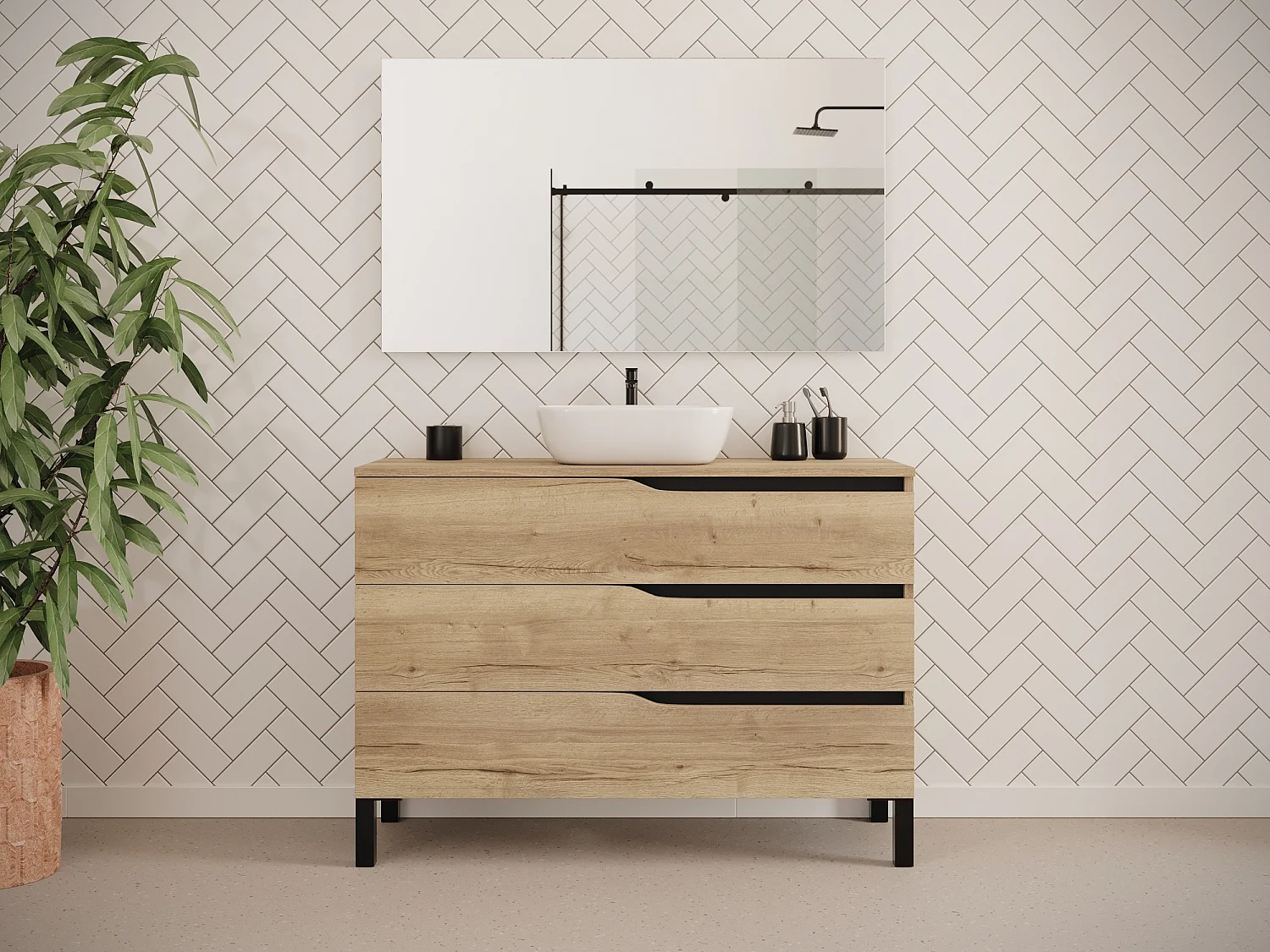 Meuble de salle de bain 120cm avec plateau et vasque à poser zeus - 3 tiroirs - madera miel (chêne clair) - MATA