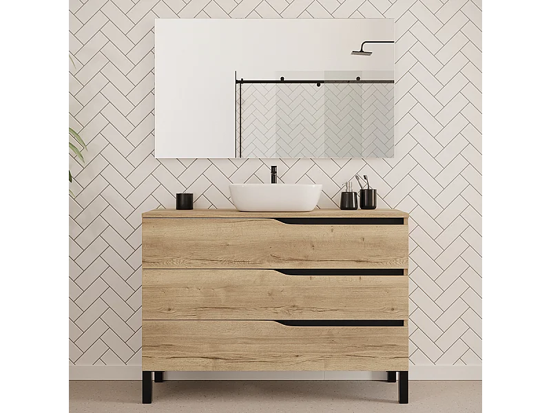 Meuble de salle de bain 120cm avec plateau et vasque à poser zeus - 3 tiroirs - madera miel (chêne clair) - MATA