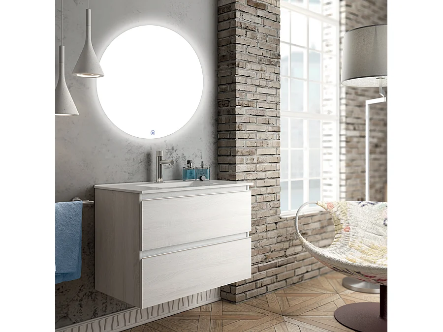 Meuble de salle de bain simple vasque - 2 tiroirs - BALEA et miroir rond Led SOLEN - hibernian (bois blanchi) - 80cm