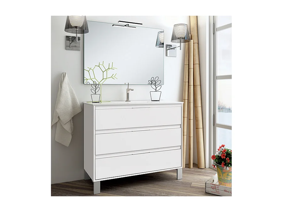 Meuble de salle de bain 80cm simple vasque - 3 tiroirs - TIRIS 3C - blanc