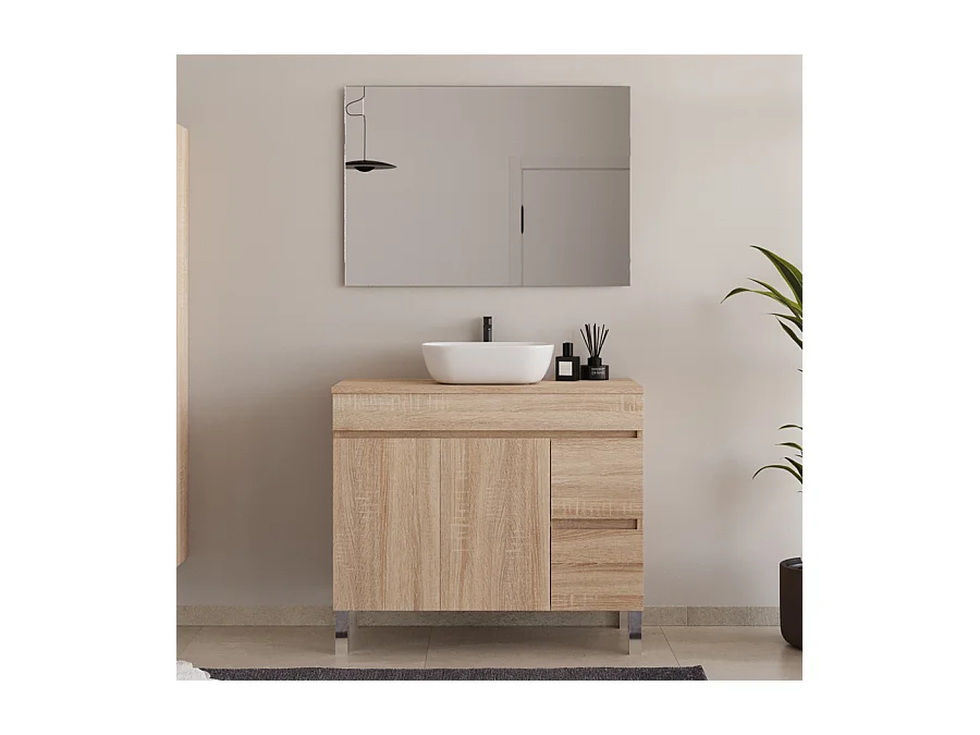 Meuble de salle de bain 100cm sur pieds avec plateau et une cuve à poser arrondie - portes et tiroirs - cambrian (chêne clair) - HARO