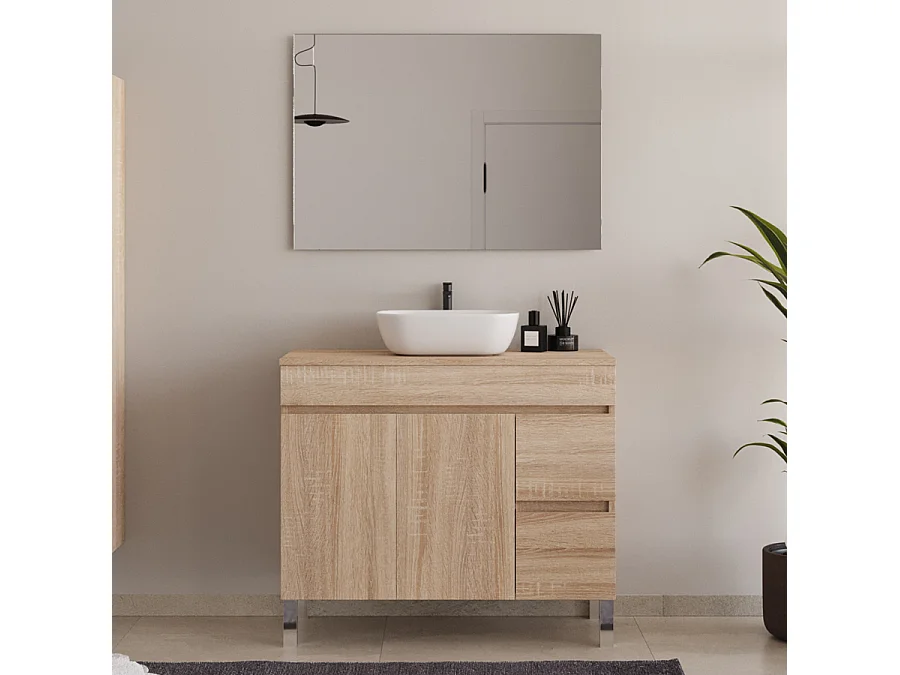 Meuble de salle de bain 100cm sur pieds avec plateau et une cuve à poser arrondie - portes et tiroirs - cambrian (chêne clair) - HARO