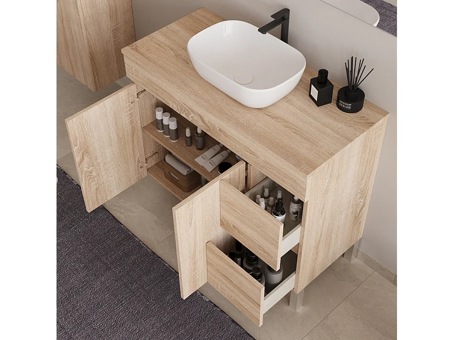 Meuble de salle de bain 100cm sur pieds avec plateau et une cuve à poser arrondie - portes et tiroirs - cambrian (chêne clair) - HARO
