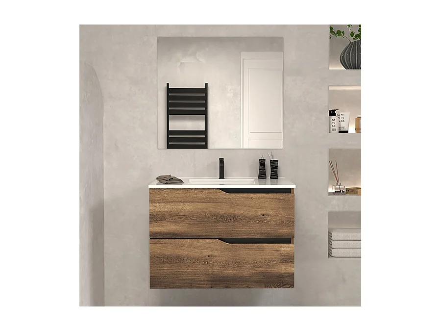 Meuble de salle de bain 60cm simple vasque - 2 tiroirs - tabaco (bois foncé) - LUNA