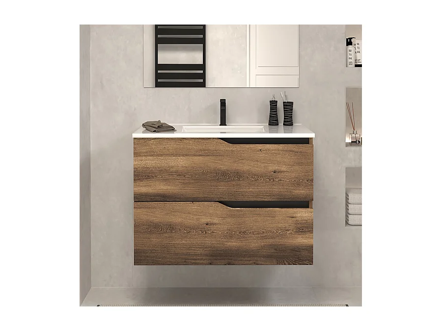 Meuble de salle de bain 60cm simple vasque - 2 tiroirs - tabaco (bois foncé) - LUNA