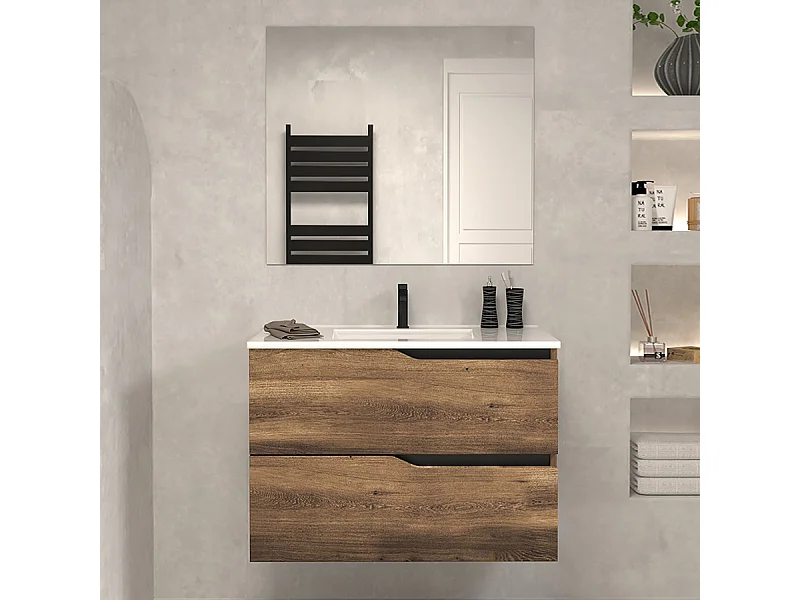 Meuble de salle de bain 60cm simple vasque - 2 tiroirs - tabaco (bois foncé) - LUNA