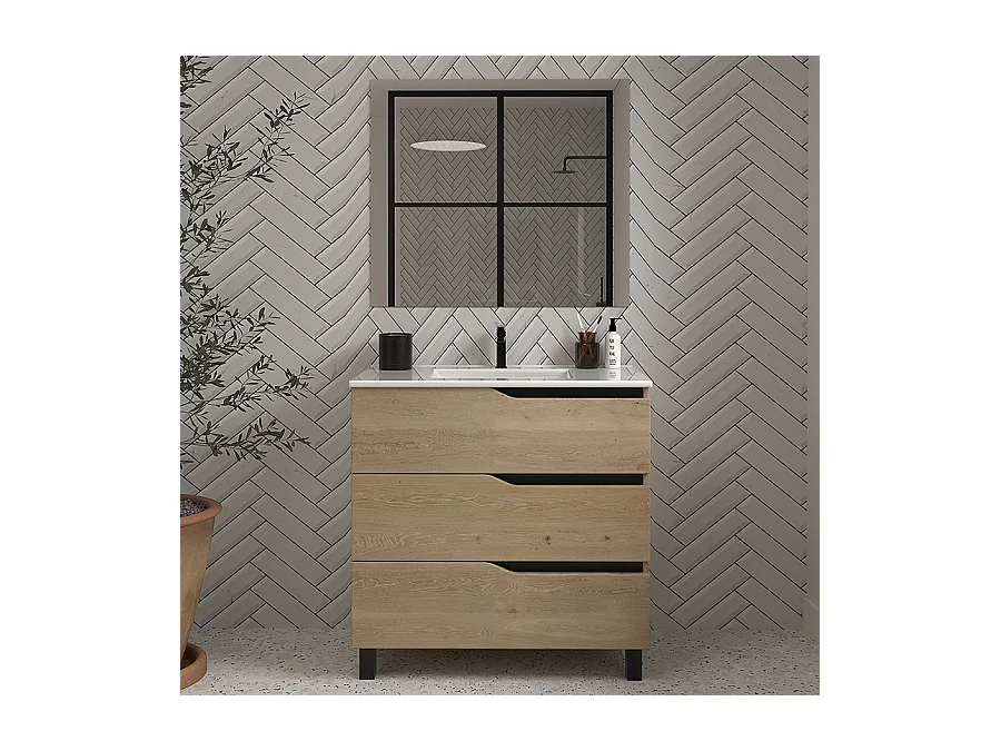 Meuble de salle de bain 60cm simple vasque - 3 tiroirs - madera miel (bois clair) - MATA