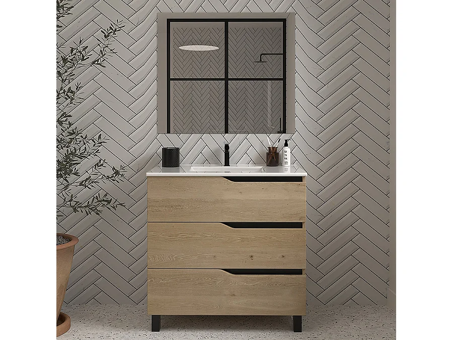 Meuble de salle de bain 60cm simple vasque - 3 tiroirs - madera miel (bois clair) - MATA