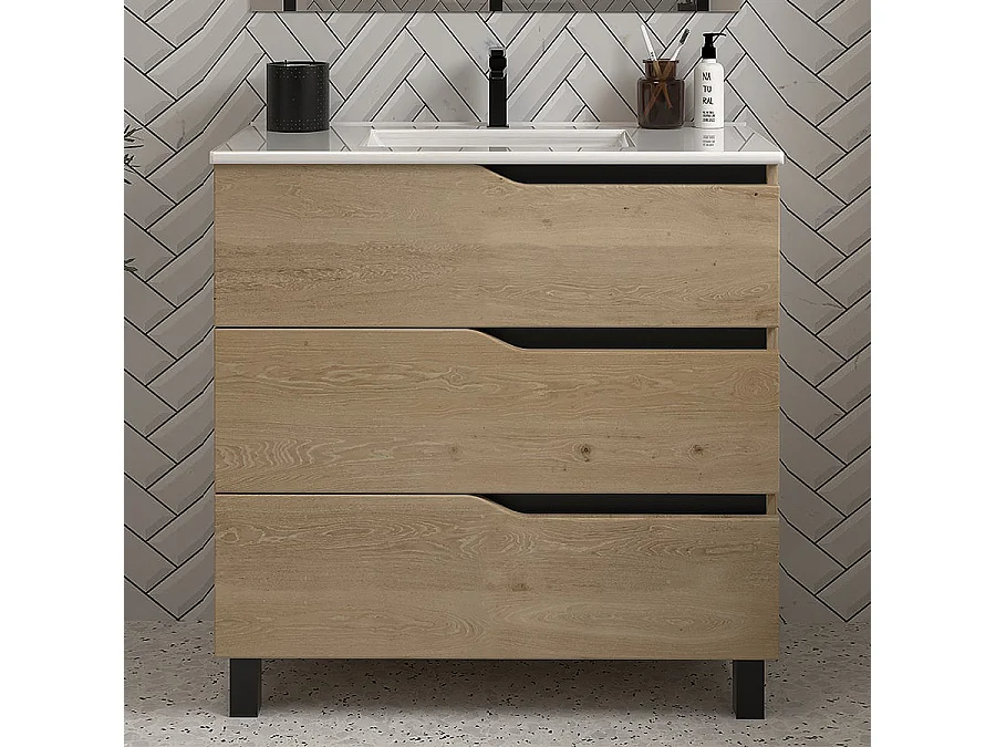 Meuble de salle de bain 60cm simple vasque - 3 tiroirs - madera miel (bois clair) - MATA