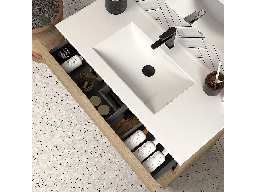 Meuble de salle de bain 60cm simple vasque - 3 tiroirs - madera miel (bois clair) - MATA