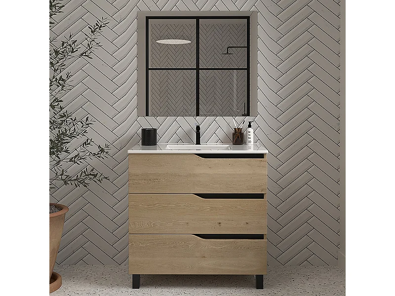 Meuble de salle de bain 60cm simple vasque - 3 tiroirs - madera miel (bois clair) - MATA